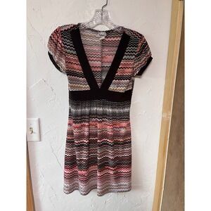 Taboo Mini‎ Dress Womens Small Pink Brown Chevron V Neck Short Sleeve
